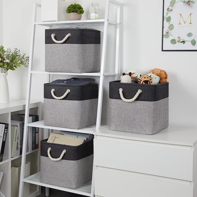 Temary 12 Inch Cube Storage Baskets 4 Pack Fabric Storage Bin for Clothes, Large Baskets with Handles, Basket for Organizing Towels, Blankets, Collapsible Cube Storage Bins (Black&Gray)