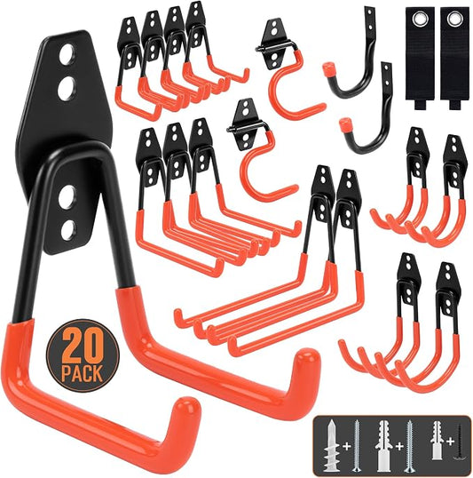 TONDA Garage Hooks, 20 Pack Garage Organization, Wall Storage Hooks Heavy Duty for Hanging Bike, Ladder, Garden Tools, Hose and Ropes, Orange