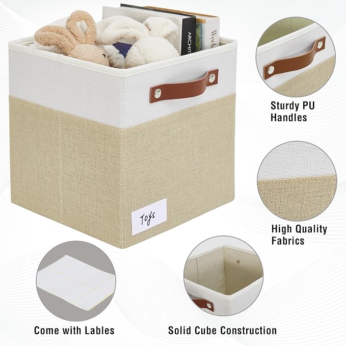 Bagnizer Collapsible Fabric Storage Cube Bins with 2 Reinforced PU Handles, Foldable Storage Organizer Baskets for Closet, Shelves, Living Room | 11"x11"x11", 4 Pack, Beige & White