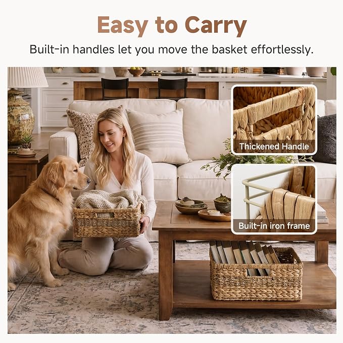 StorageWorks Large Rectangular Wicker Basket, Water Hyacinth and Seagrass Storage Basket with Built-in Handles, 1 Pack