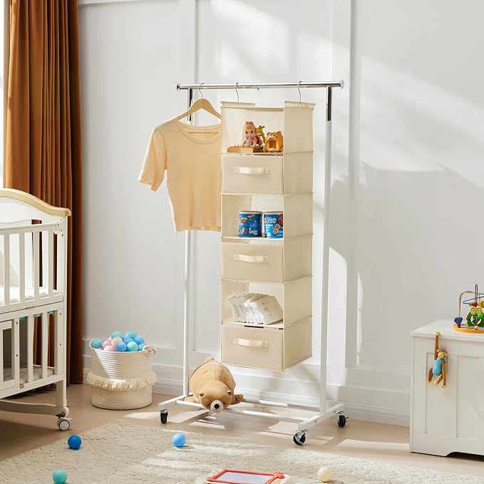 MAX Houser 6 Tier Shelf Hanging Closet Organizer, Closet Hanging Shelf with 2 Sturdy Hooks for Storage, Foldable (Beige-D3)