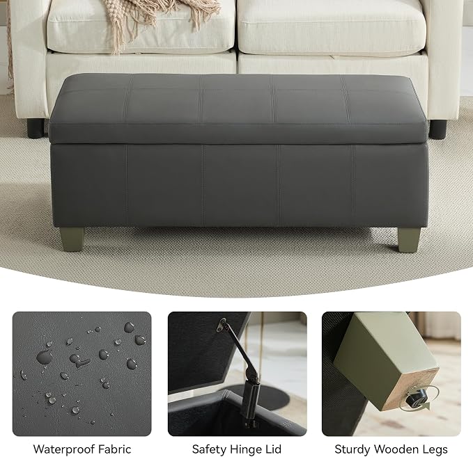 WUTUTUEE 41" Faux Leather Storage Ottoman, Stitch Tufted Rectangle Upholstered End of Bed Storage Bench, Entryway Large Couch Ottoman with Wooden Legs,Dark Grey