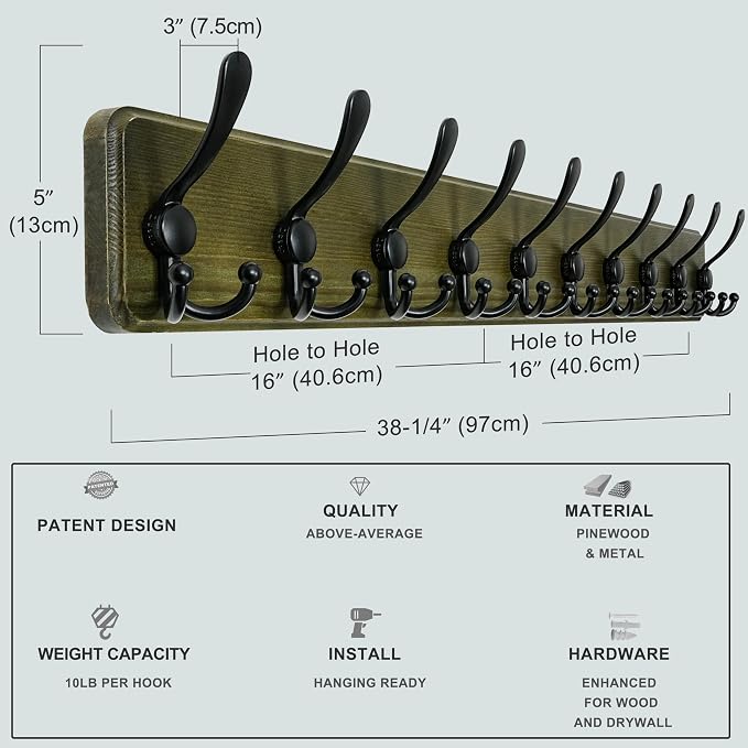 Coat Rack Wall - Heavy-Duty 38-1/4" Long, with Reinforced 10 Custom Tri-Hooks, Solid Wood Wall Hanger for Coats Hat Jackets - Rustic Farmhouse Entryway Storage,Weathered Green & Black,Pack of 2