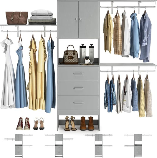 Armocity 96 Inches Closet System with Doors, 8FT Walk In Closet Organizer with 2 Shelving Towers, Heavy Duty Clothes Garment Rack with 3 Wood Drawers, 96"L x 16"W x 80"H, Max Load 1000 LBS, Grey