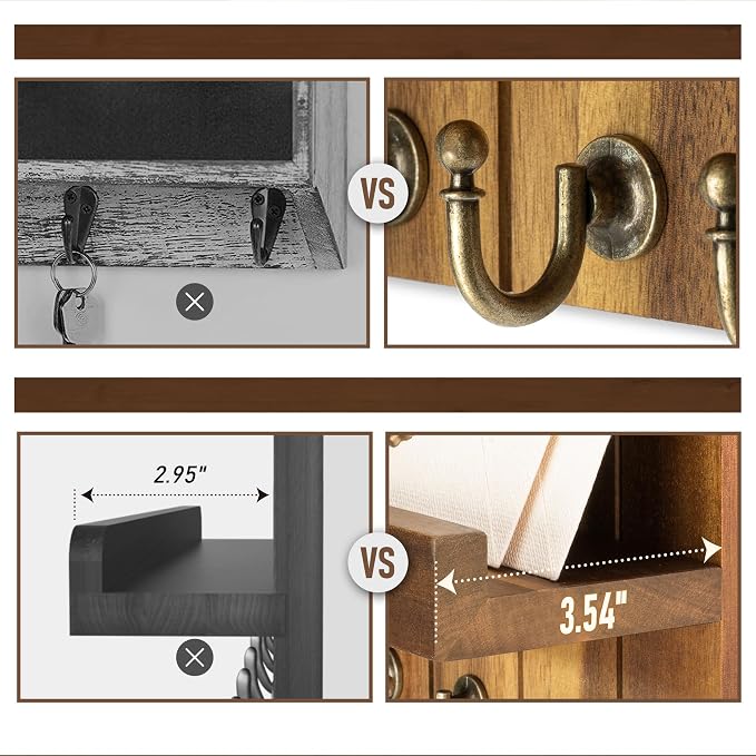 Rebee Vision Acacia Wood Key Holder Wall Mount with Shelf Home Decor, Brown | 3.54'' x 10'' x 7.28'', Floating Shelf, Plant Display, Key and Mail Holder for Wall, Rustic Accent for Apartment Storage