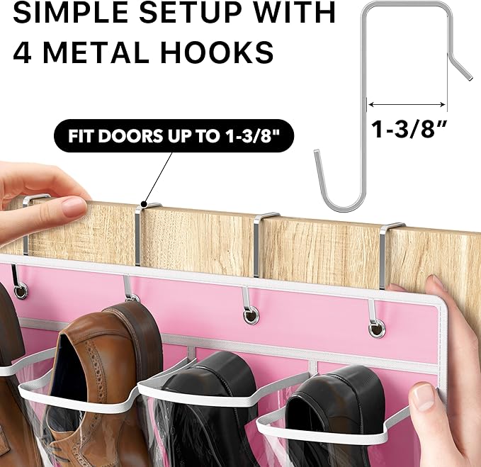Simple Houseware 24 Pockets Large Clear Over the Door Shoe Organizer, Pink | 56" x 22.5", 4 Durable Metal Hooks, 5" x 9" Pocket Size, Multipurpose