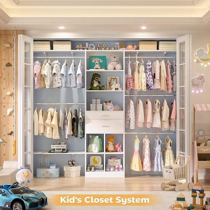 Besiost Closet System - 8FT Closet Organizer System with Wooden Drawers, 96" Closet Systems for Walk-In Closets with Cuttable Hanging Shelving, White