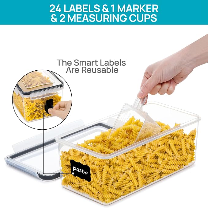 Vtopmart Pasta Storage Containers, 4 Pack, 3.2L Airtight Canisters | Horizonta Storage Design, Easy Access, Airtight BPA-Free Containers, Reusable Labels & Measuring Cups Included