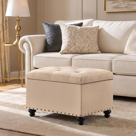 Zihanhome Velvet Storage Ottoman Bench, Button Tufted Ottoman with Hidden Storage, Upholstered Foot Rest Stool with Solid Wood Legs for Living Room, Bedroom, Entryway & Small Spaces (Khaki)
