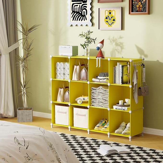 AWTATOS Cube Storage Organizer Closet Organizers 12 Cube Storage Shelves | Protable Closet for Kids DIY Stackable Cube Shelves Bookshelf Clothes Organizer for Bedroom, Home, Yellow