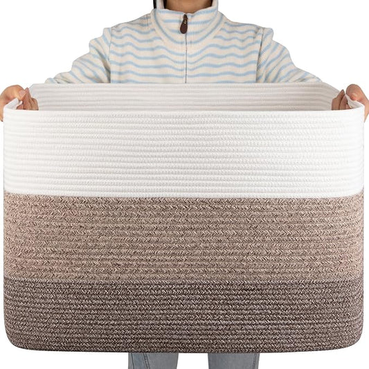 OIAHOMY 108L Large Cotton Rope Basket, Rectangle Woven Baskets for Storage, Nursery Blanket Storage Living Room, Toy Basket with Handle-25”x16”x16”-Gradient Dark Brown