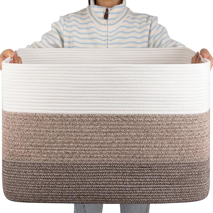 OIAHOMY 108L Super Large Blanket Basket, 25”x16”x16”(108L) Rectangle Woven Baskets for Storage, Cotton Rope Basket For Living Room, Toy Storage with Handle- Gradient Dark Brown