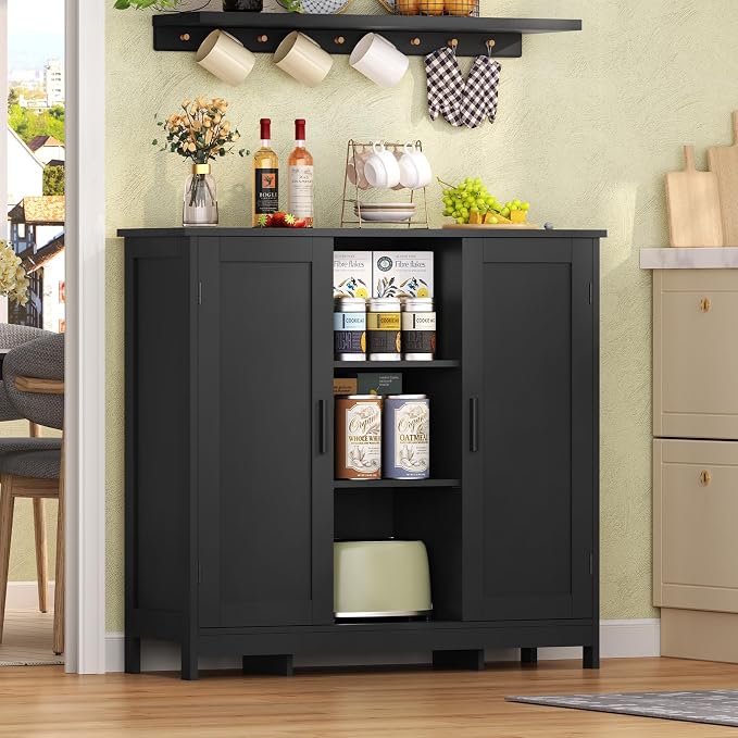 Iwell Storage Cabinet with 2 Doors and 4 Storage Shelves, Bathroom Cabinet, Cupboard for Living Room, Home Office, Entryway, Black