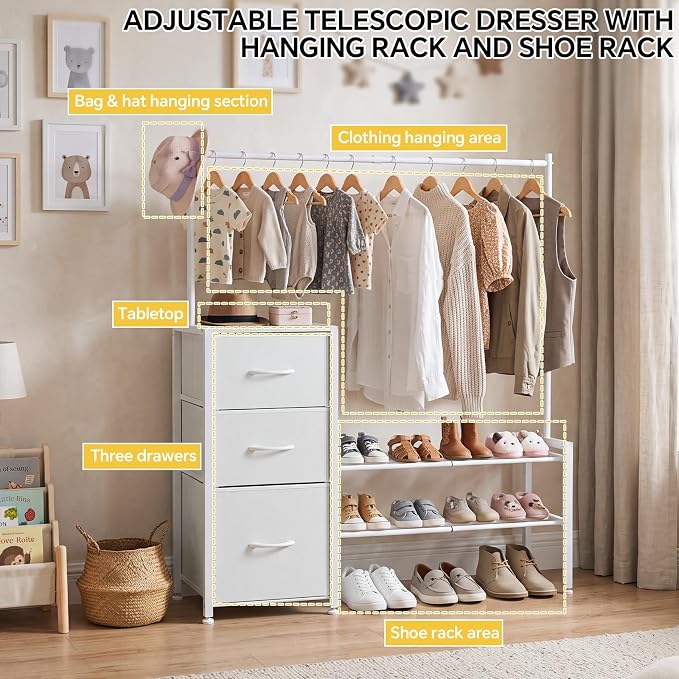 Tall Closet Organizer Dresser 47.2" H x 39.7" W，with Extendable Clothes Hanging Rack & Shoe Rack，3 Fabric Drawers Chest of Drawers,Bedroom, Living Room，Sturdy Frame Easy to Install