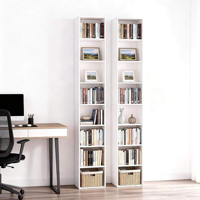 8-Cube Storage Organizer Bookcase, White, Tall Narrow Bookshelf for Home Office (White)