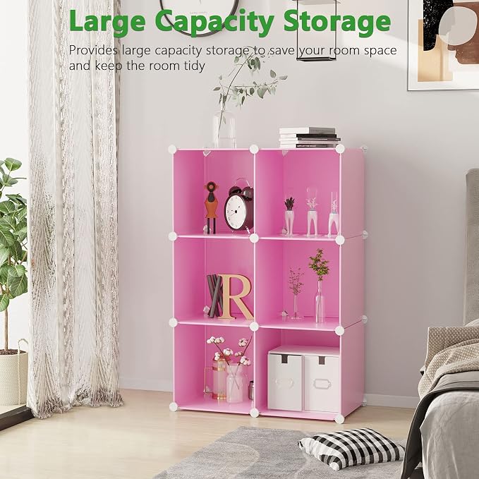 C&AHOME 6-Cube Storage Organizer Cube Shelf Closet Storage Bookcase, Pink | Stackable Cubby Storage, Bookshelf, Portable Plastic Storage Closet Organizer, DIY Modular Shelving Units for Home, Wardrobe