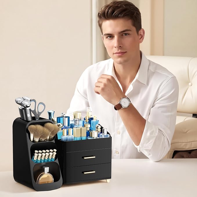 HBlife Cologne Organizer for Men Makeup Organizer with Brush Holder for Vanity, Large Plastic Bathroom Countertop Organizer Skin Care Storage, Fathers Day Gift for Dad Husband, All Black