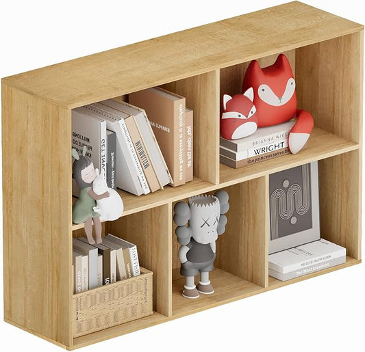Book Shelf, Wooden Cube Storage Organizer with 11" Open Cubes, Stackable Modular Bookcase for Room Divider Storage, 2 Tier Bookshelf for Living Room, Bedroom, Office (Oak, 5-Cube)