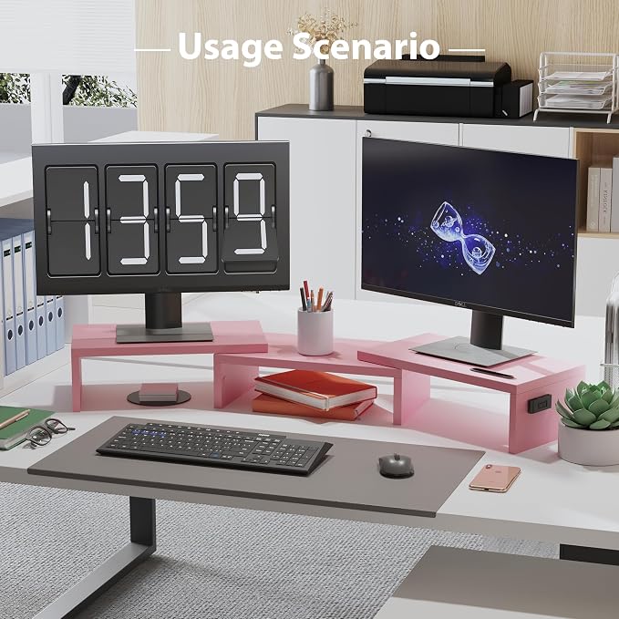 BONTEC Dual Monitor Stand Riser, Adjustable Length & Swivel Angle, Pink | Ergonomic Wooden Desktop Organizer with Smartphone Holder, Computer Monitor Stand for PC, Laptop, Printer and Large Storage