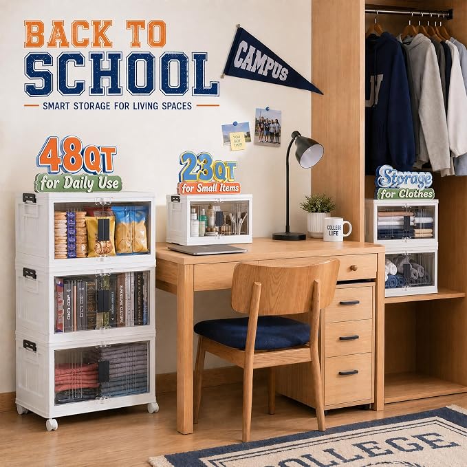 OlarHike 144QT Lockable Storage Bins with Lids - Folding Cabinet with Doors & Wheels, Collapsible Plastic Drawers for Dorm, Closets, Office, Game Day, College, Stackable Organizer, Gifts, 3 Pack