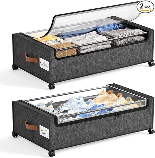 Yecaye 82 L Under Bed Storage with Wheels, 9.4 in Under Bed Storage Containers, Large Under Bed Shoe Storage with Lids, Rolling Underbed Storage bins for Clothes, Blankets, Grey