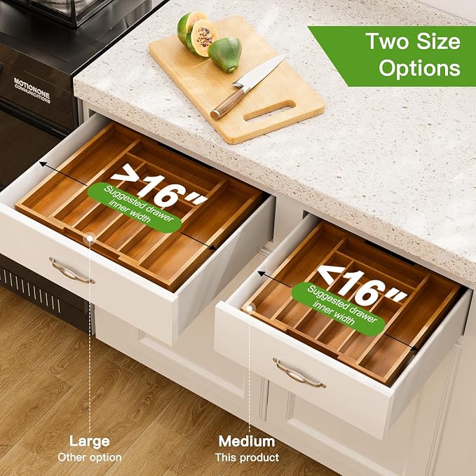 Pipishell Bamboo Expandable Drawer Organizer for Utensils Holder, Adjustable Silverware Organizer Cutlery Tray, Drawer Dividers for Utensils, Flatware, Knives in Kitchen, Bedroom, Living Room Brown