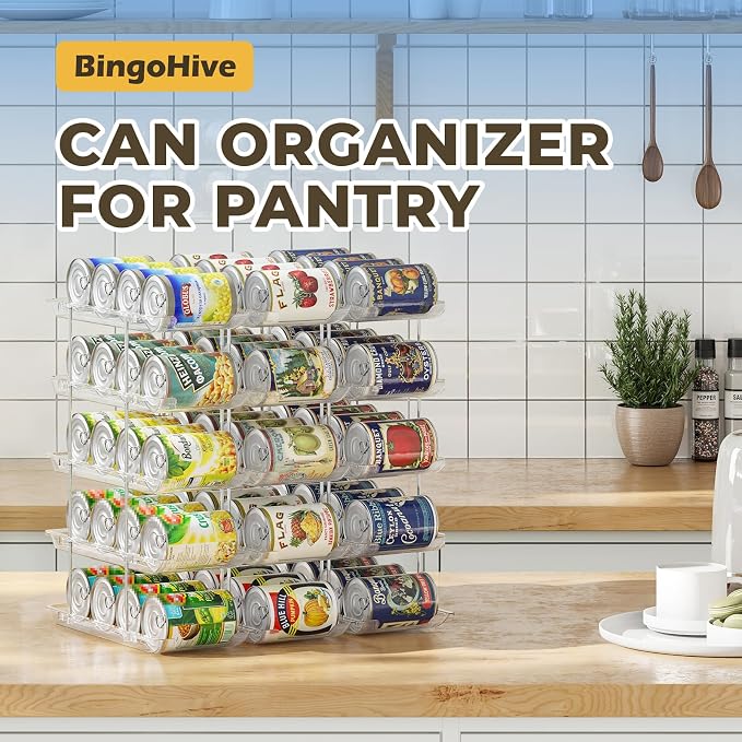 Can Organizer for Pantry Stackable 5 Tiers Can Storage Organizer Pantry Soda Can Organizer for Fridge 60 Cans Rack Automatic Rolling Canned Food Organizer for Refrigerator Kitchen Clear