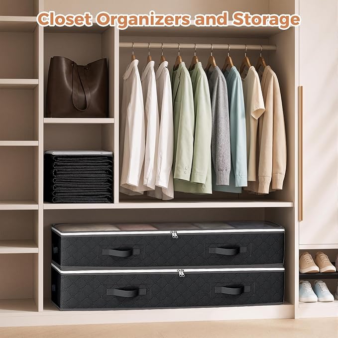 Budding Joy 90L Under Bed Storage, 4 Pack Closet Organizers Black | Foldable underbed storage bins for linen sheets, blanket, clothing, comforter, sweaters, pillows, wrapping paper