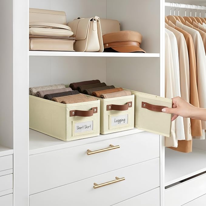 DECOMOMO Narrow Storage Bins, Small Basket with Handles (Beige, 4 Pack) | 15 x 5.9 x 5.5 inches Storage Basket, Fabric Storage Bins with Labels