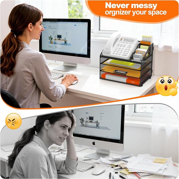 DocNest 4 Tier Metal Mesh Desk File Organizer with Phone Shelf, Black | Desktop letter tray sorter features a 9.1x9.1 inch top phone holder, built-in sticky note compartment and pen holder
