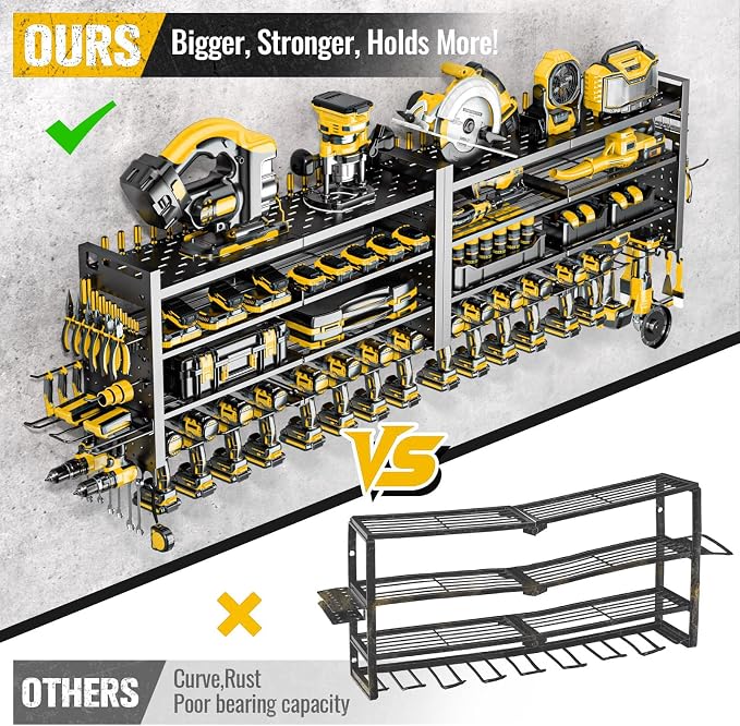 66" W Power Tool Organizer Wall Mount,4-Layer,18 Cordless Drills | Large Tool Storage Rack, Heavy Duty 600 lb Load Capacity for Garage Workshop, Black, Gift for Men