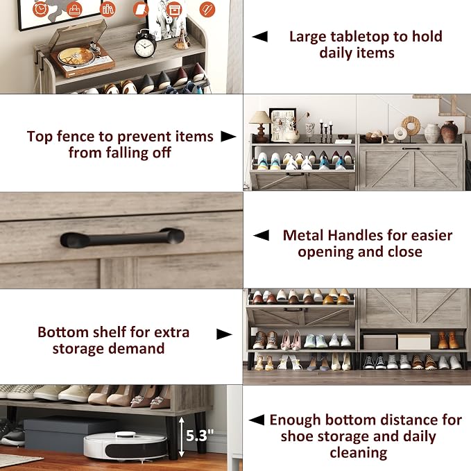 HOMEFORT Shoe Storage Cabinet for Entryway, 30" Freestanding Organizer with Two Flip Drawers, Narrow Hidden Shoe Rack with Wood Legs, Farmhouse Shoe Cabinet for Front Door Entrance,Washed Gray