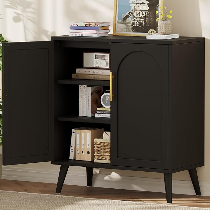Keehusux 15.7" D Black Storage Cabinet with 2 Doors & Adjustable Shelf | Accent Buffet Sideboard Solid Wood Legs, Coffee Bar, Modern Floor Storage Cabinet for Kitchen, Living Room