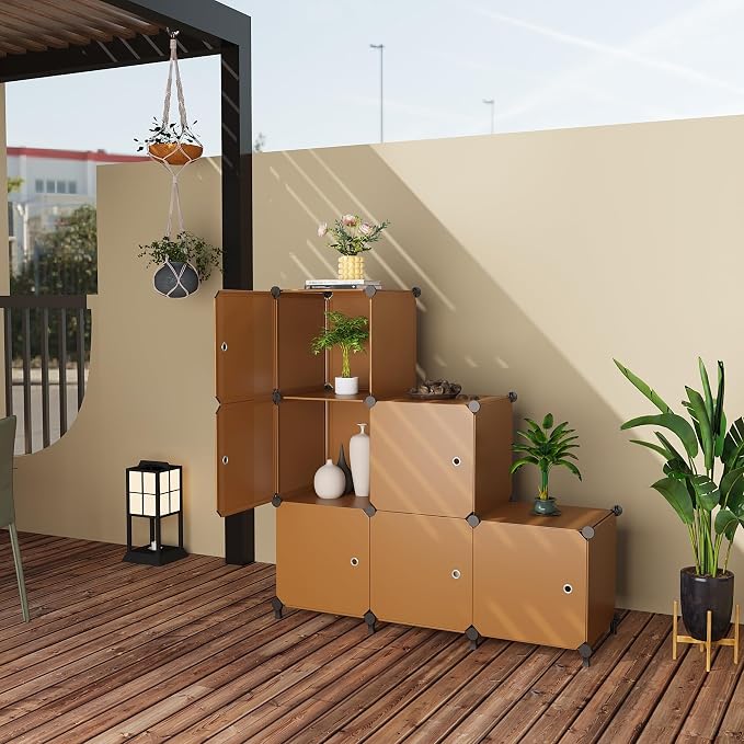 6Cube Storage Organizer Modular Stackable with Doors Brown | Sturdy plastic 6-cube cabinet with doors, 30x30x30cm per cube, tool-free snap assembly, ideal for bedroom, stairs, closet.