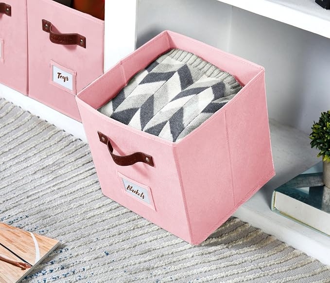 DECOMOMO Storage Bins, Cube Storage Bin with Labels | 10.5" x 11" Fabric Storage Cubes for Shelves (6pcs, Pink)
