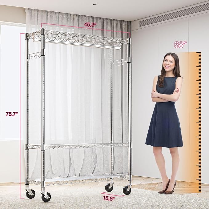 M MZG Heavy Duty Rolling Garment Rack 3 Tiers Adjustable Wire Shelving Clothes Rack with 1 Rods and Side Hooks,Storage Closet Clothing Rack with Wheels Chrome 15.7" D x 45.3" W x 75.6" H