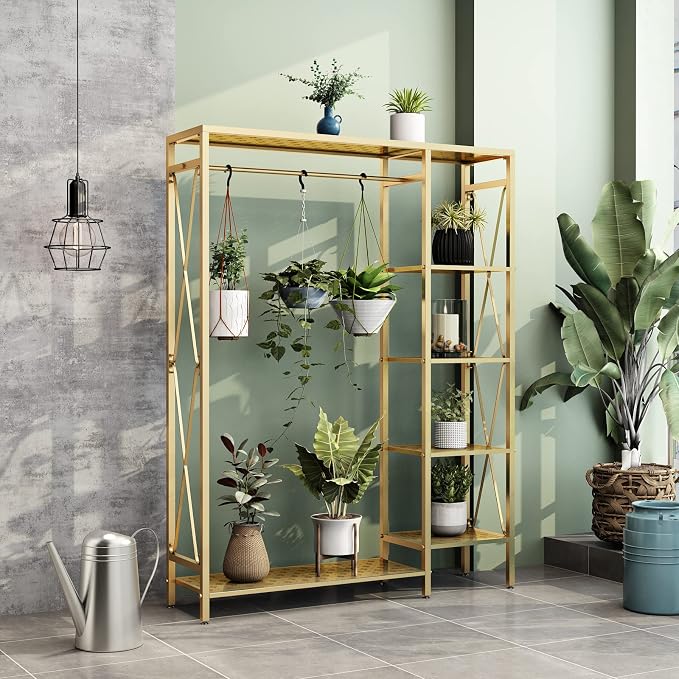 TIEOU Modern Gold Clothes Racks Free-Standing, Gold Clothing Rack with Shelves for Boutiques, Heavy Duty Garment Rack for Hanging Clothes, Large Wardrobe Closet