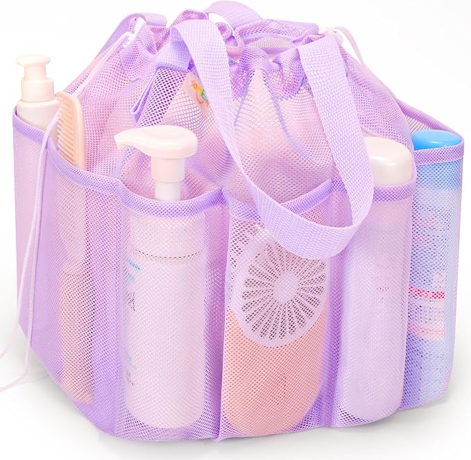 famichan Mesh Shower Caddy Portable with Drawstring, Dorm Room Essentials for College Students Girl & Boy, Larger Shower Bag for Camping,Swimming,Gym,Travel,Bathroom - Purple