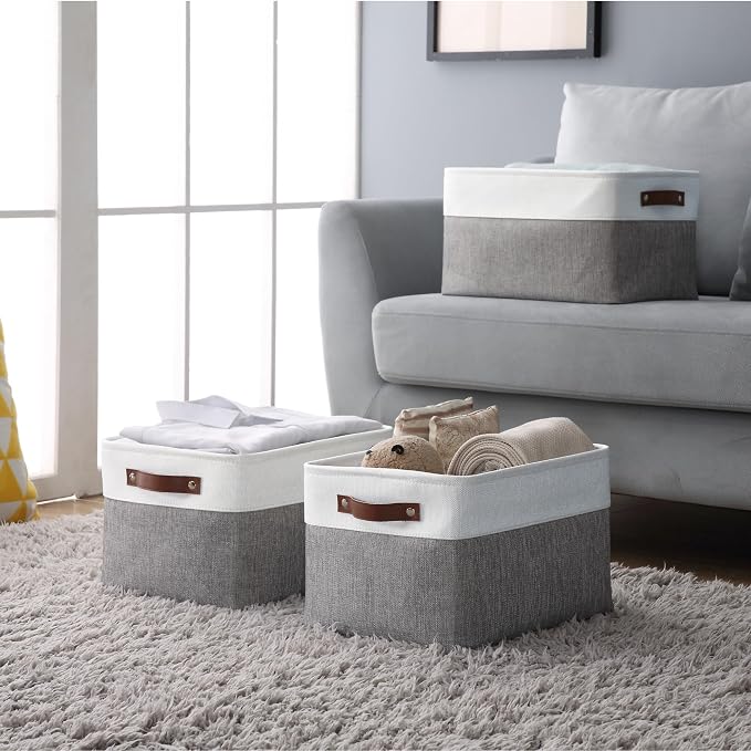 DECOMOMO Storage Bins, Large Fabric Storage Baskets for Shelves 4 Pack | 15 x 11 x 9.5 inches Decorative Linen Closet Organizers (Grey & White)
