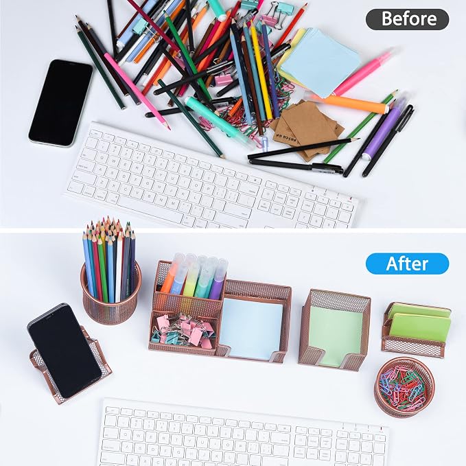 Pen Holder for Desk, 6 Pieces Mesh Desk Organizer set 3 Compartments pens holder, Mail Organizer Letter Holder Home Office Supplies Caddy Storage Baskets for Desktop Accessories(6 Pack, Rose Gold)