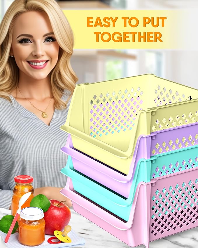 Large Stackable Storage Bins Open Front for Pantry Storage, 4 Pack - Multi | Sturdy Plastic, Easy Stacking, Open Front Access, Ventilated Sides, Vertical & Space Saving Pantry Organizers and Storage Bin