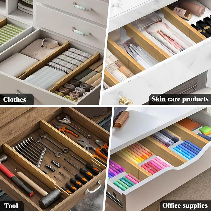 Bamboo Drawer Dividers, 12-21 Inch Kitchen Adjustable Drawer Organizers | Expandable Dresser Separators for Clothes, Ideal for Kitchen, Bathroom, Vanity, Office Organization and Storage, 4-Pack