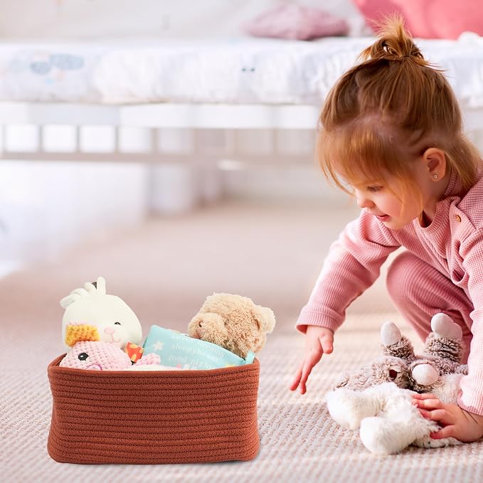 XUANGUO Small Woven Storage Baskets for Shelves, 13" x 9" x 5", Rustic | Decorative rope storage bins for closets and toy storage; cute organizer baskets, empty gift baskets and nursery storage.