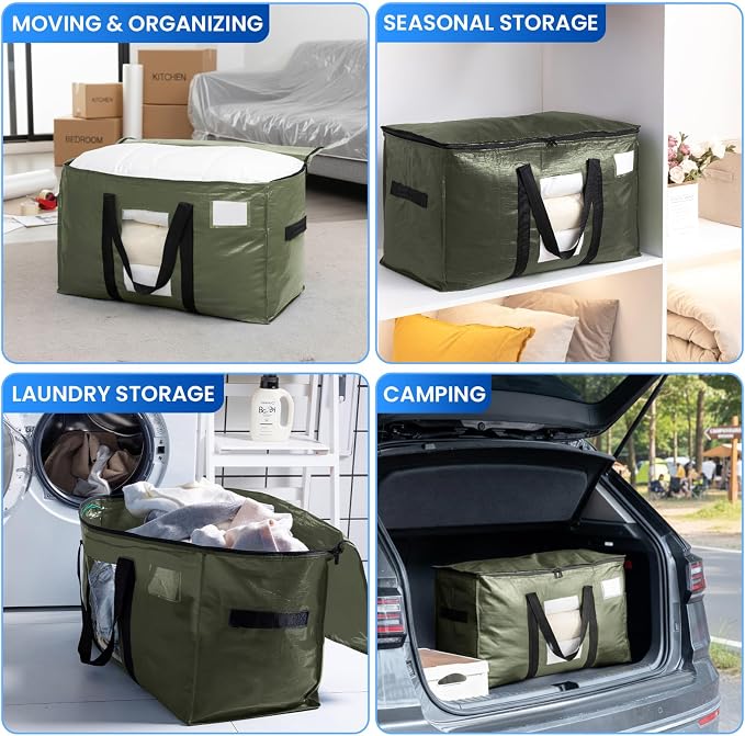 TAILI 4 Pack Green Extra Large Storage Bags, Heavy Duty Totes with Visible Window, Wrap Around Handles, Perfect for Moving