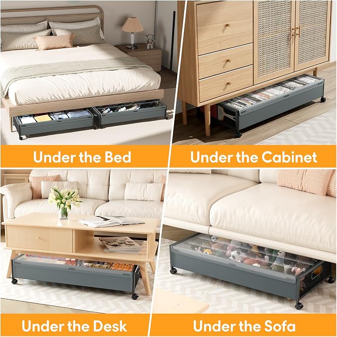 Under Bed Storage Containers with Wheels 2 Pack Underbed Shoe Storage Bedroom Storage Bins Organizer Large Capacity Under Bed Storage with Lid for Clothes Shoes Toys Blankets (Cyan-gray)