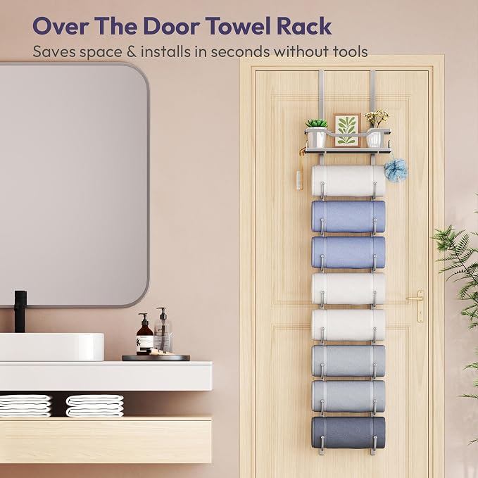 SWTYMIKI Over the Door Towel Rack - 9 Tier Towel Racks for Bathroom Wall Mounted, Towel Holder with Shelf, Hanging Rolled Towel Storage Organizer for Small Bathroom, Camper, RV, Sliver