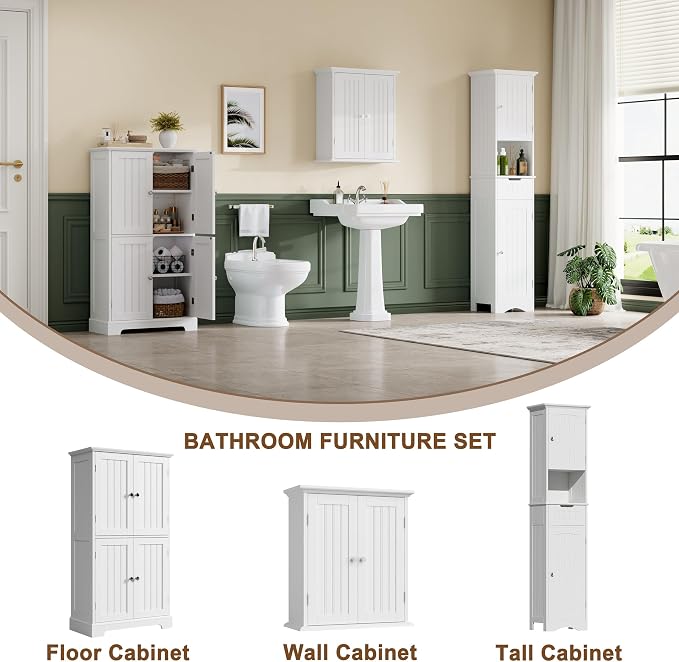 ChooChoo Bathroom Floor Cabinet with Adjustable Shelves | Bathroom Storage Cabinet, 4 Doors, Freestanding Cupboard for Living Room, White