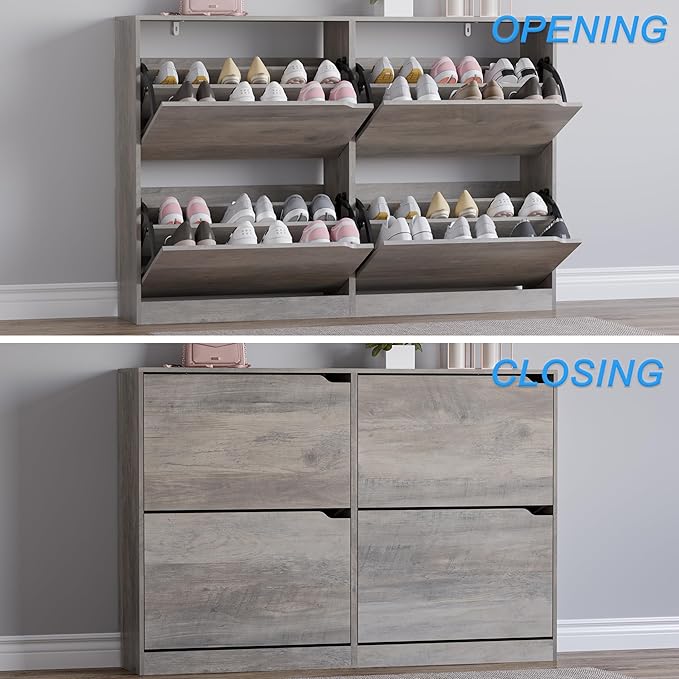 BORNOON Shoe Cabinet with 4 Flip Drawers, Narrow Hidden Shoe Storage Cabinet, Slim Freestanding Shoe Rack Organizer for Entryway, Hallway, Bedroom, Living Room