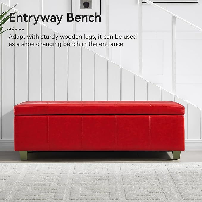 WUTUTUEE 51" Faux Leather Storage Ottoman, Stitch Tufted Rectangle Upholstered End of Bed Storage Bench, Entryway Large Couch Ottoman with Wooden Legs,Red