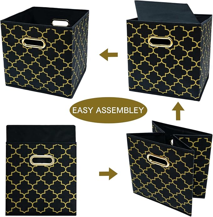 Fabric Cloth Storage Bins,Fabric Cube Organizer with Dual Handles Foldable Cube Storage Baskets for Home Bedroom Storage,Set of 3,(Black Gold)